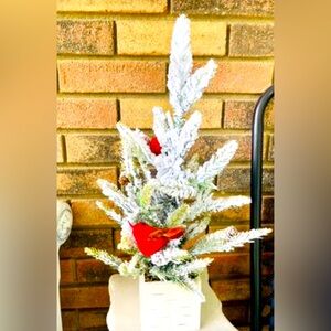 *Flocked Pine Tree With Cardinals in Distressed Wooden Pot